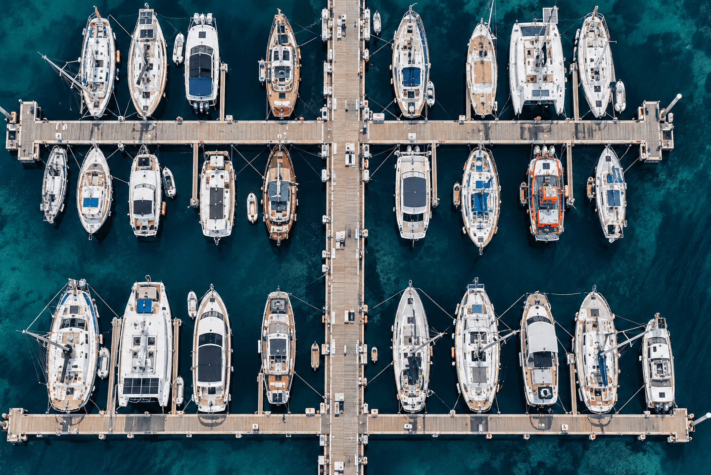Top view of boats moored in a marina with timber pontoons and clear blue water.