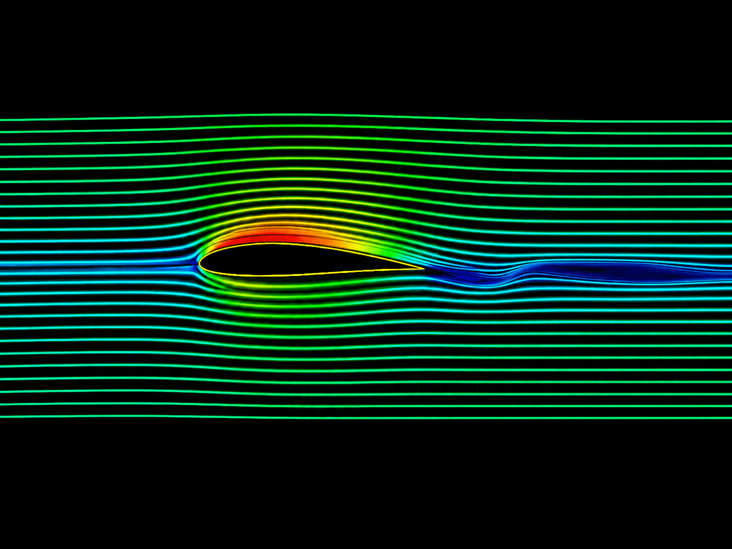 Illustrative CFD-style streamlines flowing around a NACA profile in water.