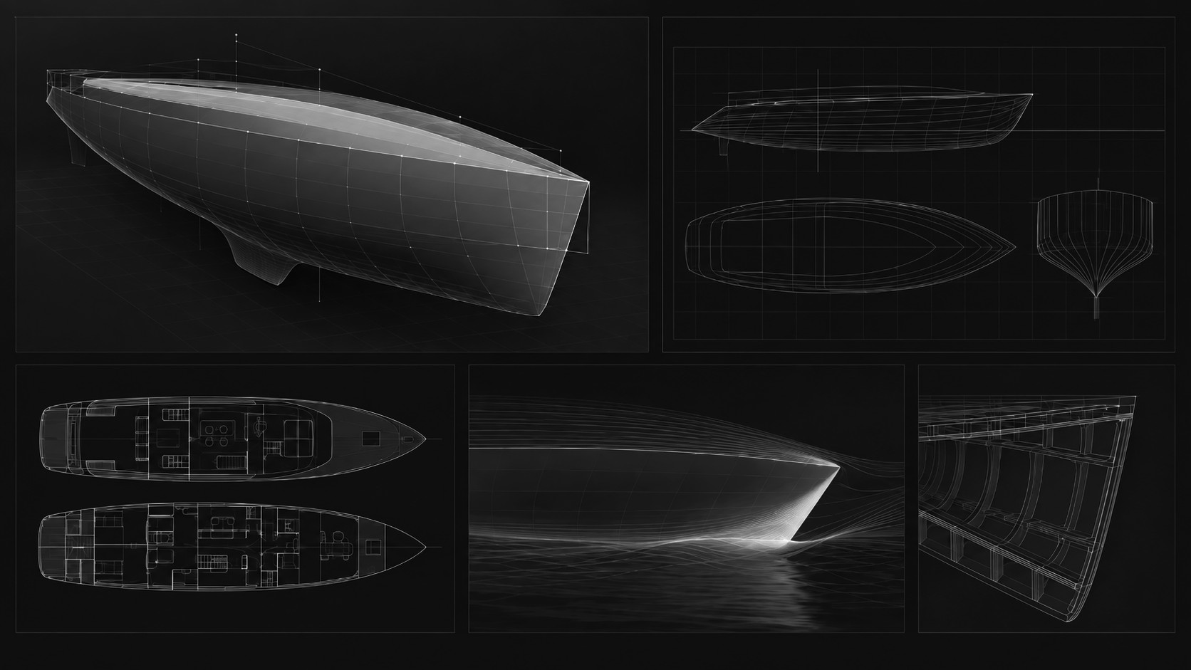 A technical collage of yacht hull development, wireframe plans, deck layouts, CFD flow visualization and structural framing. © EHBLX